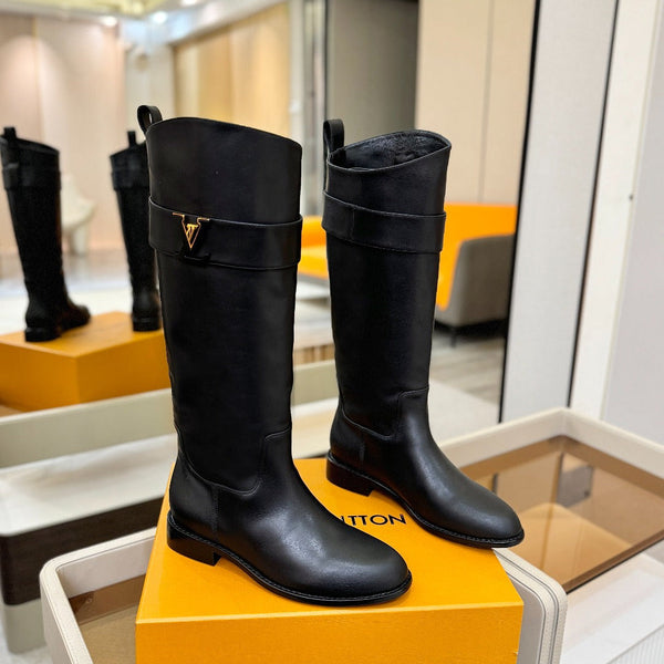 LV Donkey Metal Buckle-Decorated Knight Boots Black Cowhide 504713