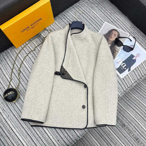 LV 25FW Double-Faced Wool Coat Jacket Lambskin Edge Light Gray 311700