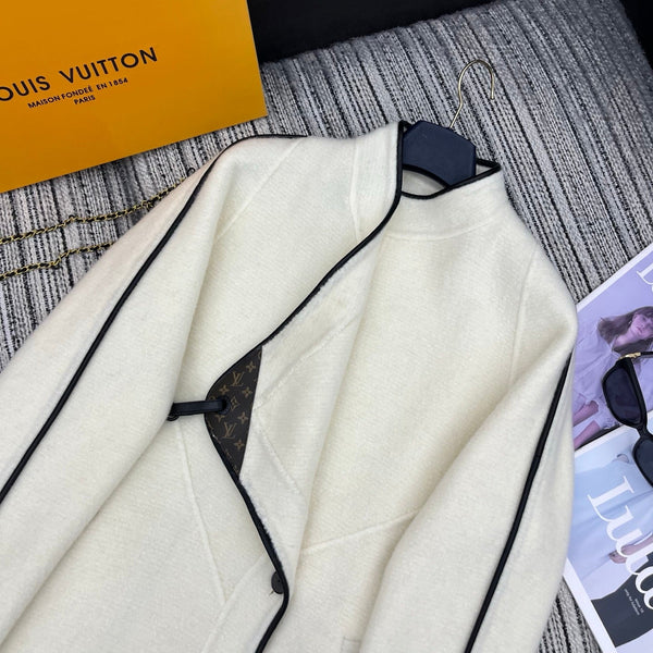 LV 25FW Double-Faced Wool Long Coat Lambskin Edge White 311684