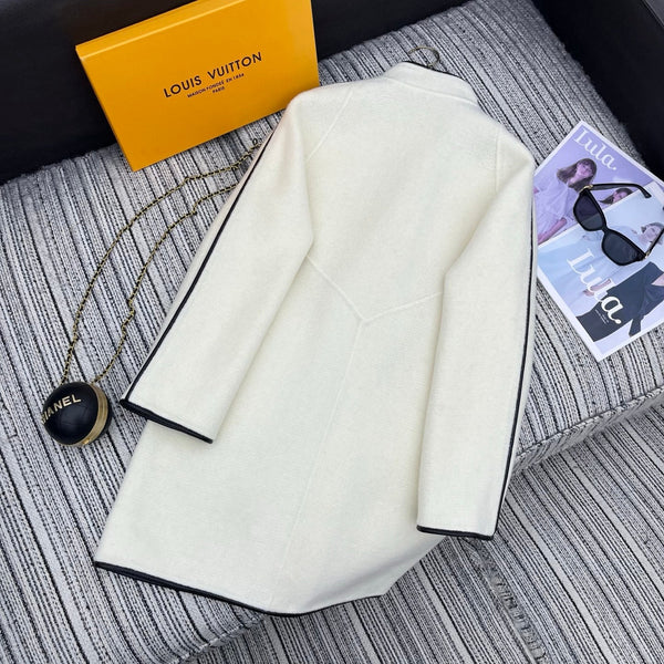 LV 25FW Double-Faced Wool Long Coat Lambskin Edge White 311684