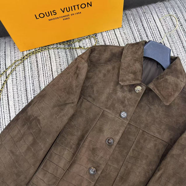 LV 25FW Crocodile Pattern Suede Lapel Jacket Dark Brown 302353