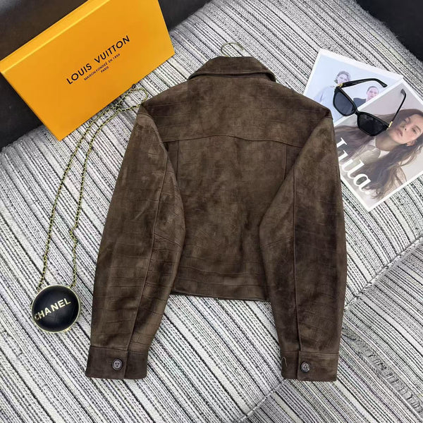 LV 25FW Crocodile Pattern Suede Lapel Jacket Dark Brown 302353