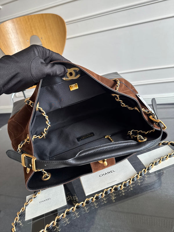 CC 25A Small Tote 36cm Chocolate Brown Suede Black Calfskin