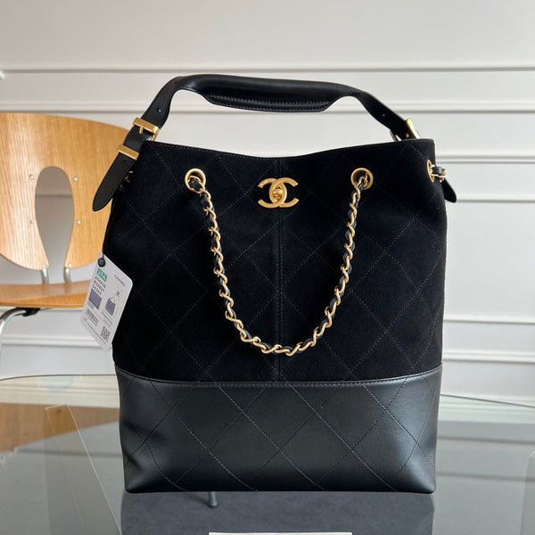 CC 25A Tote Bag Black Suede Black Calfskin