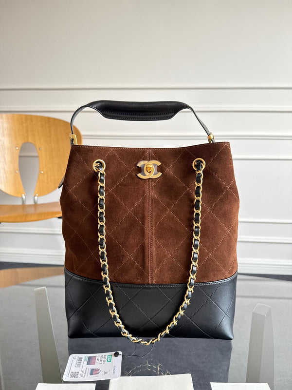 CC 25A Tote Bag Chocolate Brown Suede Black Calfskin