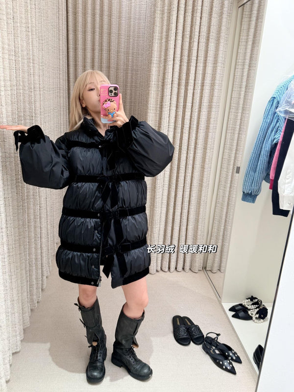 CC Velvet Bow-Tie Long Down Black Jacket