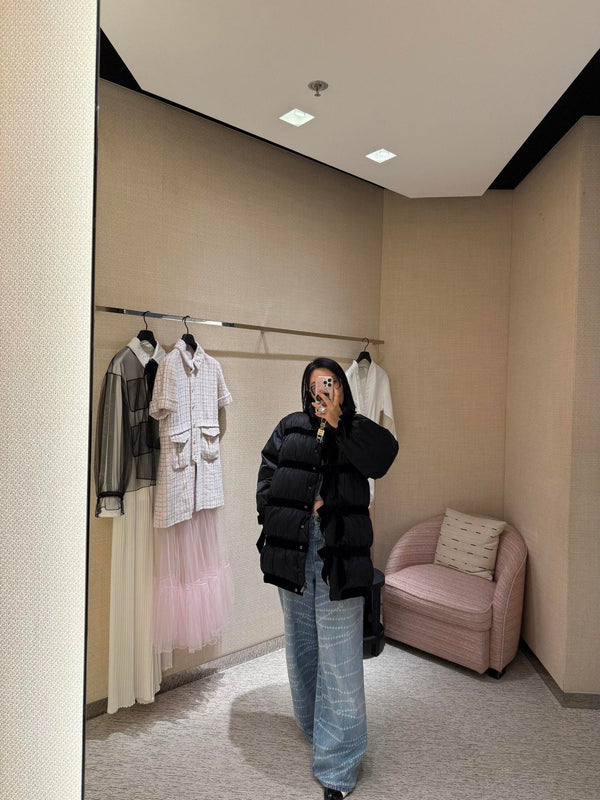 CC Velvet Bow-Tie Long Down Black Jacket