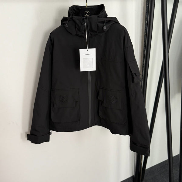 CC Pocket Velcro Long-sleeved Hooded Windbreaker Jacket