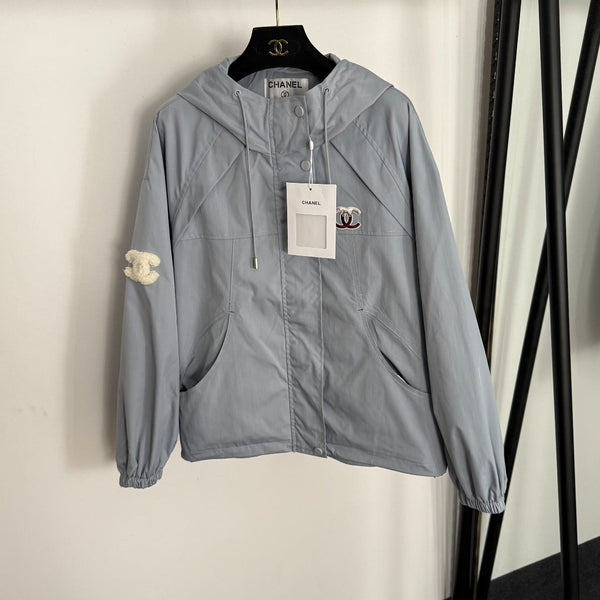 CC Logo Embroidered Long-sleeved Hooded Zipper Windbreaker Jacket