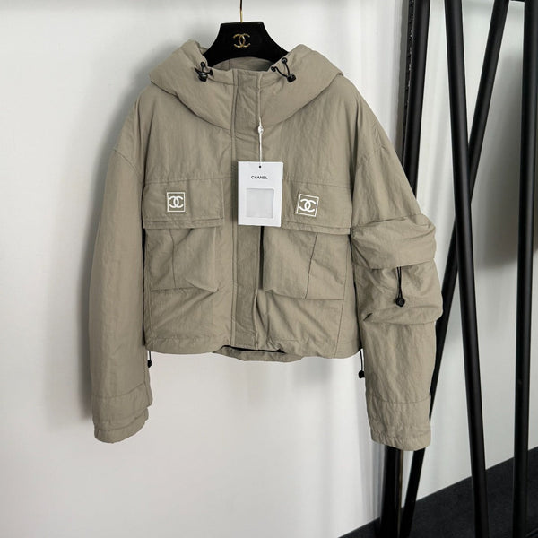 CC Chanel Style Rubber Logo Work Pocket Long Sleeve Hooded Cotton Jacket