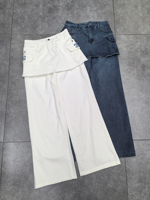 CC Faux Two-Piece Denim Trousers With Trims