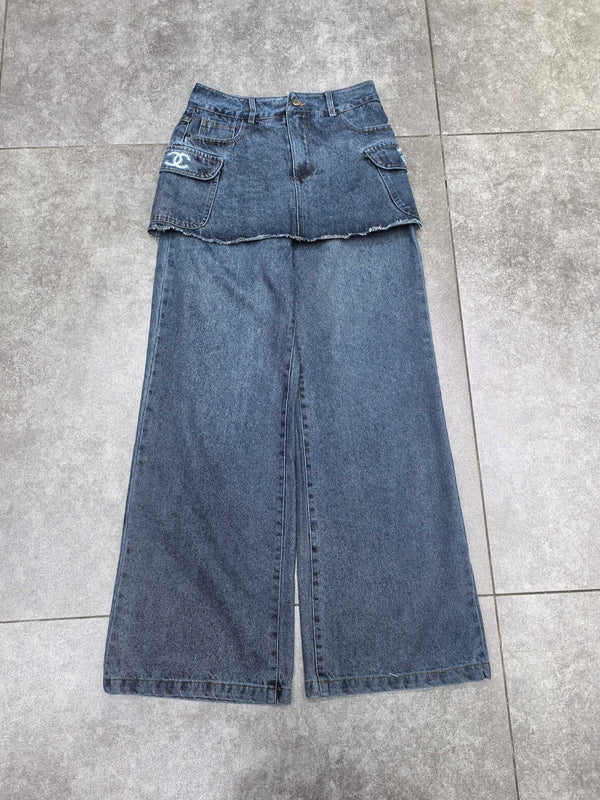 CC Faux Two-Piece Denim Trousers With Trims