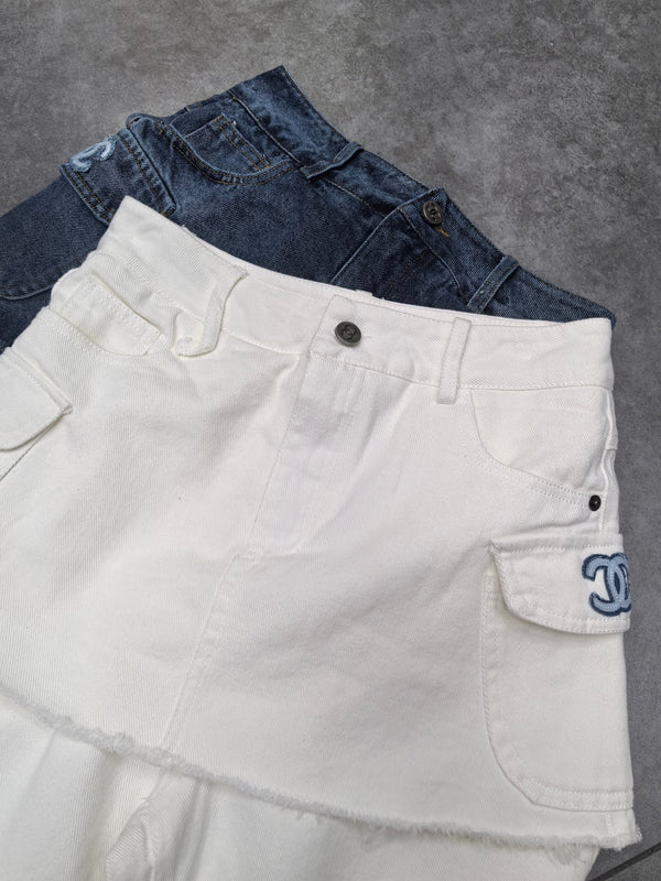 CC Faux Two-Piece Denim Trousers With Trims