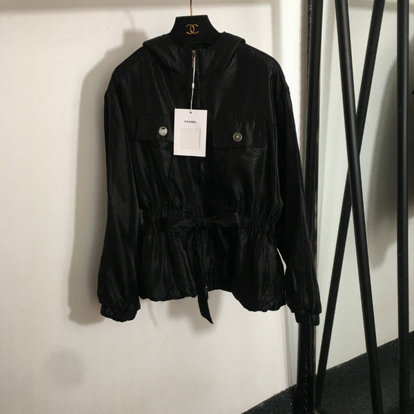 CC Drawstring Waist Short Long Sleeve Hooded Thin Shiny Windbreaker Jacket