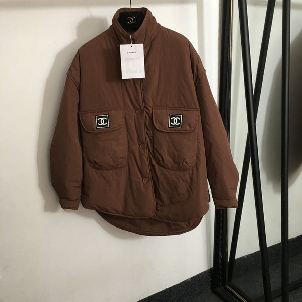 CC Logo Offset Printed Double Pocket Stand Collar Long Sleeve Cotton Jacket