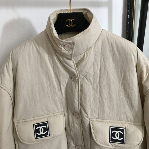 CC Logo Offset Printed Double Pocket Stand Collar Long Sleeve Cotton Jacket