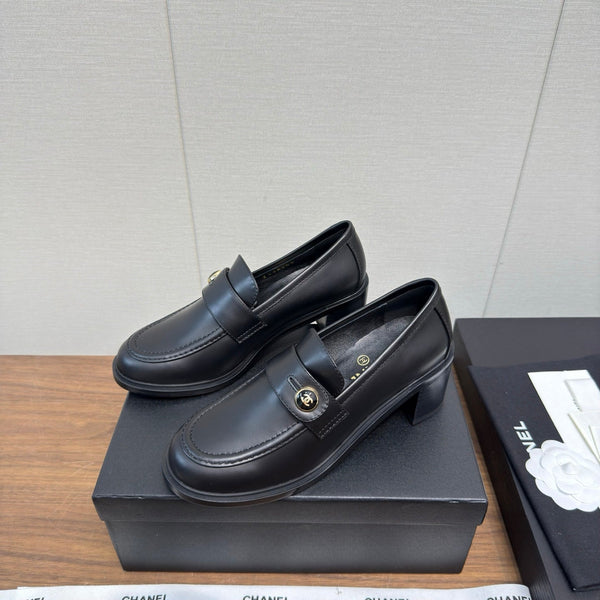 CC 25K Logo Button Loafers 35mm High Heel Black Calfskin 517627