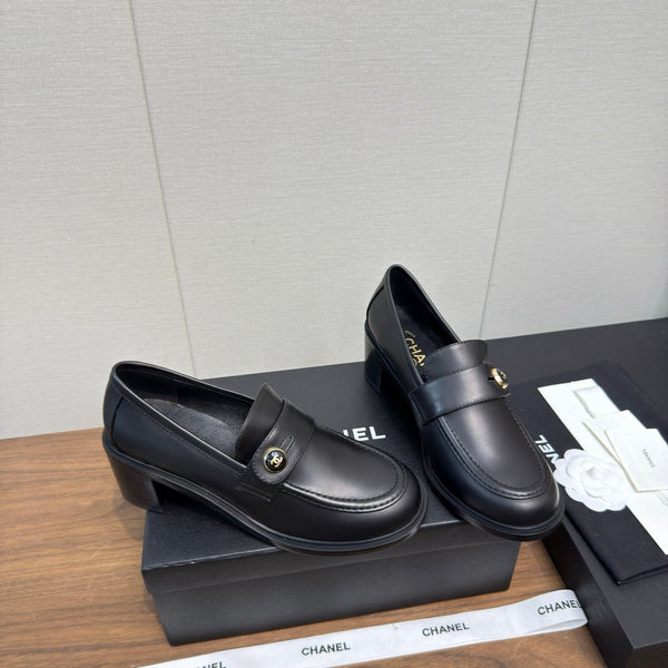 CC 25K Logo Button Loafers 35mm High Heel Black Calfskin 517627