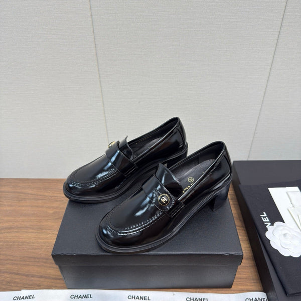 CC 25K Logo Button Loafers 35mm High Heel Shiny Black Calfskin 517625