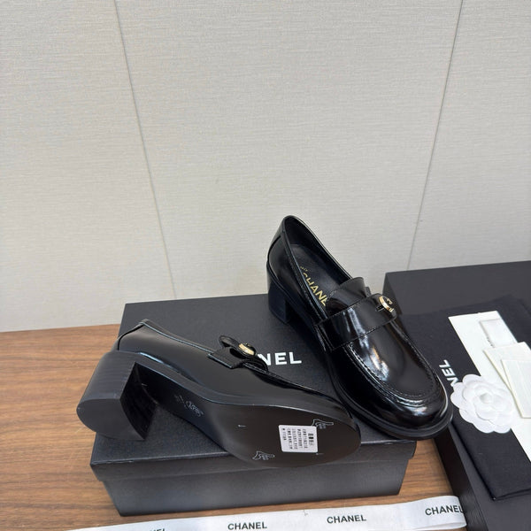 CC 25K Logo Button Loafers 35mm High Heel Shiny Black Calfskin 517625