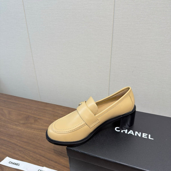 CC 25K Logo Button Loafers 35mm High Heel Beige Calfskin 517624