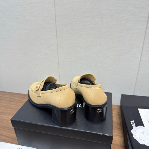 CC 25K Logo Button Loafers 35mm High Heel Beige Calfskin 517624