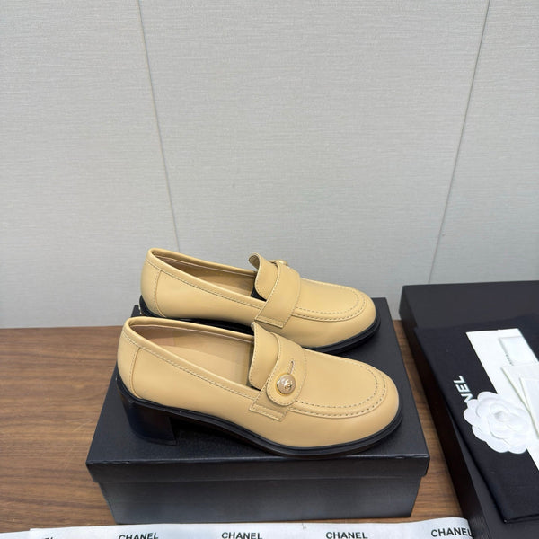 CC 25K Logo Button Loafers 35mm High Heel Beige Calfskin 517624