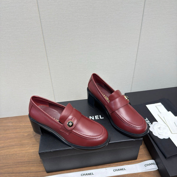 CC 25K Logo Button Loafers 35mm High Heel Red Calfskin 517623