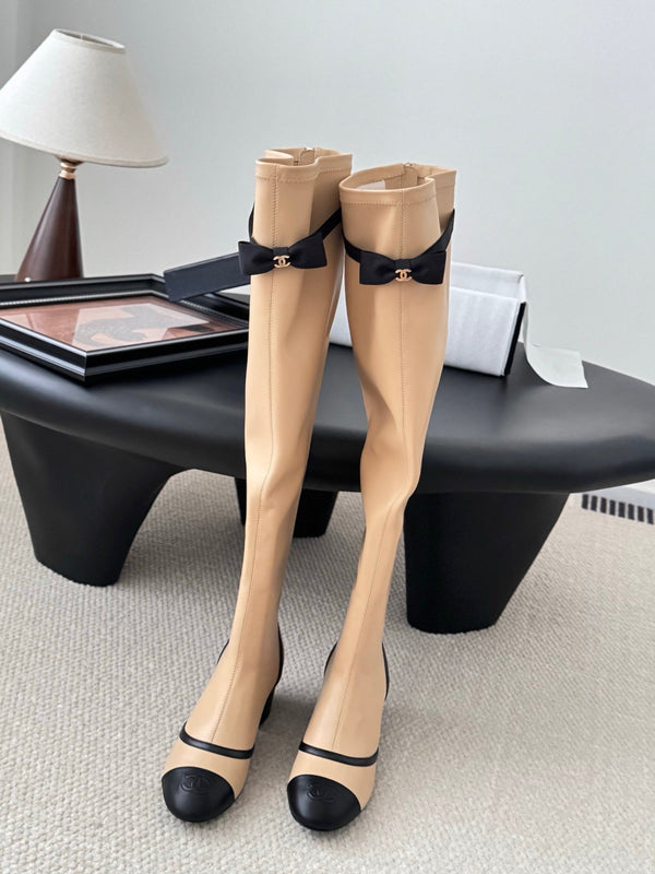 CC 25 Bowknot Stretch Boots Beige Sheepskin