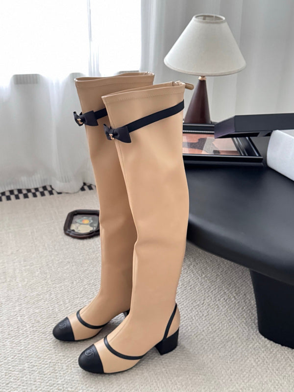 CC 25 Bowknot Stretch Boots Beige Sheepskin