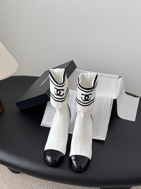 CC 25K Ankle Sock Boots 85mm Heel White Patent Calfskin and Lambskin 508004