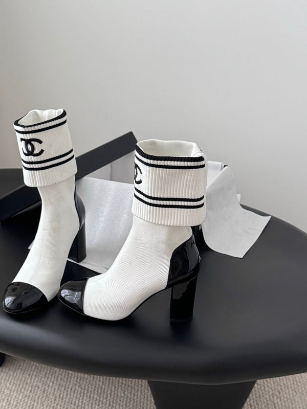 CC 25K Ankle Sock Boots 85mm Heel White Patent Calfskin and Lambskin 508004