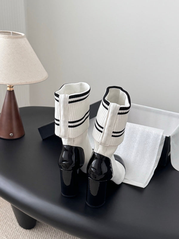 CC 25K Ankle Sock Boots 85mm Heel White Patent Calfskin and Lambskin 508004