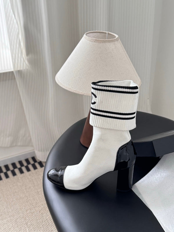 CC 25K Ankle Sock Boots 85mm Heel White Patent Calfskin and Lambskin 508004