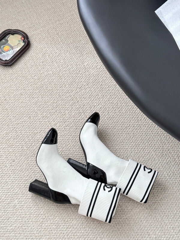 CC 25K Ankle Sock Boots 85mm Heel White Patent Calfskin and Lambskin 508004