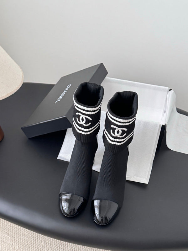 CC 25K Ankle Sock Boots 85mm Heel Black Patent Calfskin and Lambskin 508003