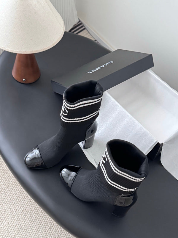 CC 25K Ankle Sock Boots 85mm Heel Black Patent Calfskin and Lambskin 508003