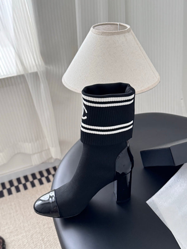 CC 25K Ankle Sock Boots 85mm Heel Black Patent Calfskin and Lambskin 508003