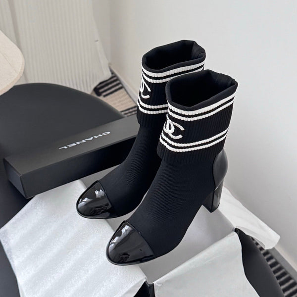 CC 25K Ankle Sock Boots 85mm Heel Black Patent Calfskin and Lambskin 508003