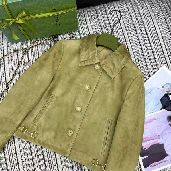 GG 25FW Metal Chain Hem Lapel Jacket Olive Green Suede Lambskin