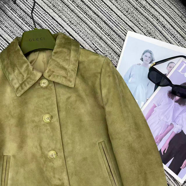 GG 25FW Metal Chain Hem Lapel Jacket Olive Green Suede Lambskin