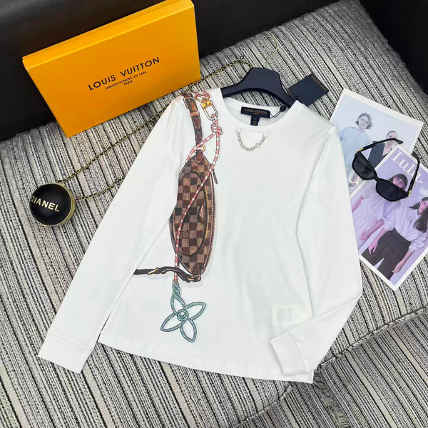 LV 25Ss Monogram 3D Crossbody Bag Metal Chain White Cotton Long-Sleeve Shirt