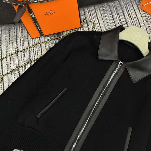 HM Patchwork Leather Lapel Double-faced Black Cashmere Jacket