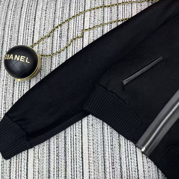 HM Patchwork Leather Lapel Double-faced Black Cashmere Jacket