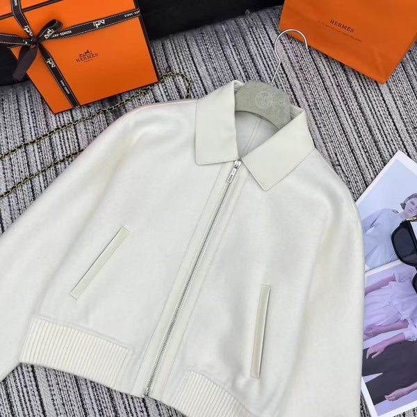 HM Patchwork Leather Lapel Double-faced White Cashmere Jacket