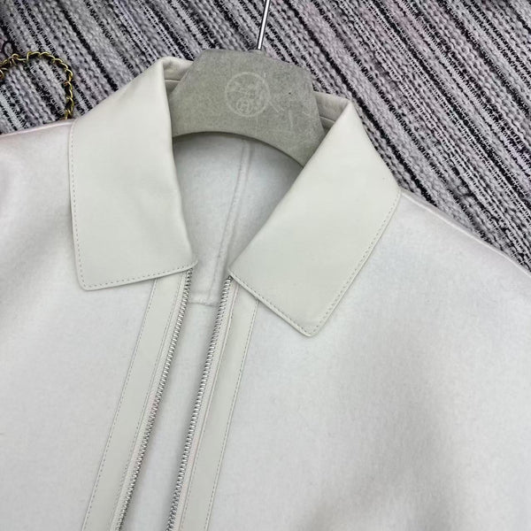 HM Patchwork Leather Lapel Double-faced White Cashmere Jacket