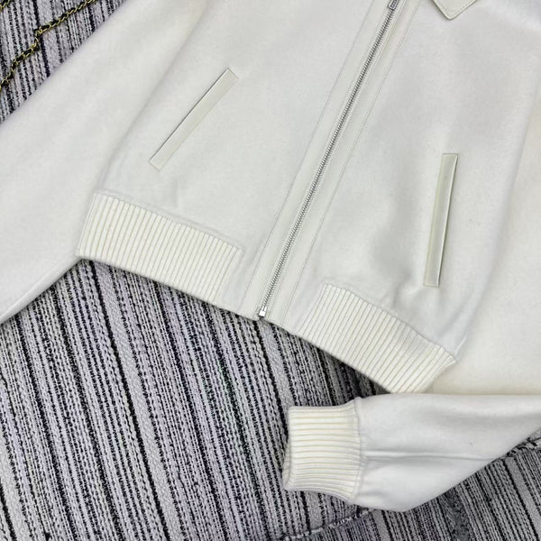 HM Patchwork Leather Lapel Double-faced White Cashmere Jacket