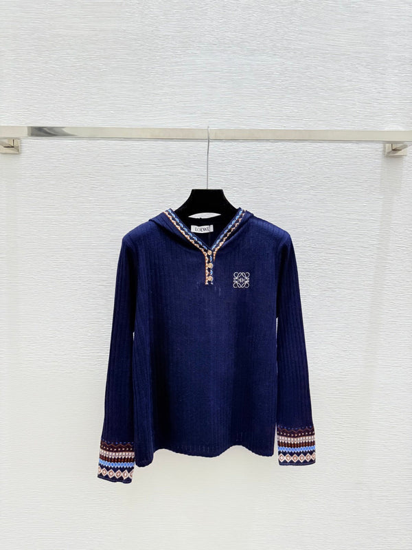 Loewe Hooded Contrast Striped Knit Wool Cashmere Long Sleeve Top