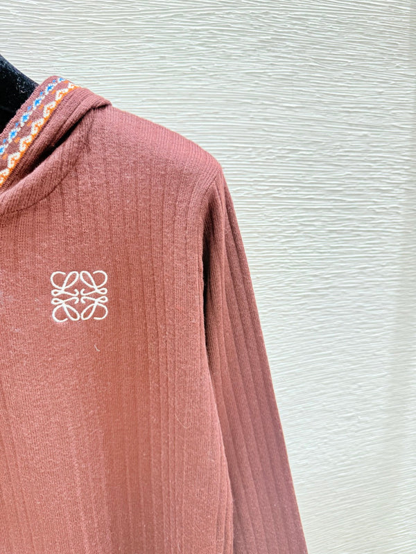 Loewe Hooded Contrast Striped Knit Wool Cashmere Long Sleeve Top