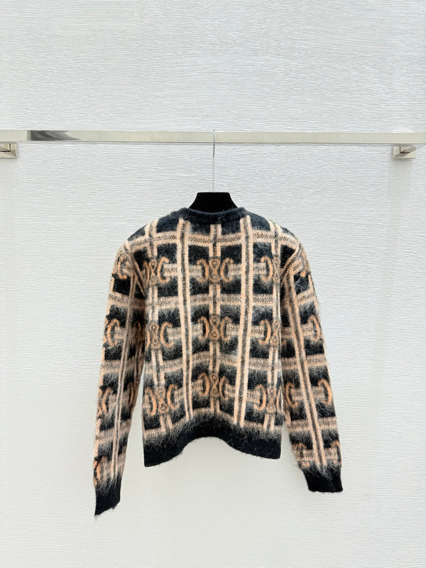 CE Contrast Color Monochrome Plaid Striped Crewneck Long Sleeve Knit Top Khaki Wool